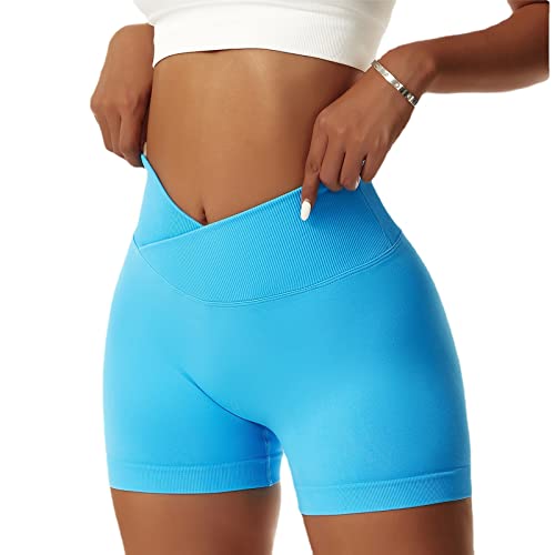 NIBESSER Damen Gym Shorts V Cross Stretch Scrunch Butt Push Up Yoga ShortsNahtlose Sporthose Bauchweg Kurz Leggings Sommer Fitness Laufen（Hellblau S） von NIBESSER