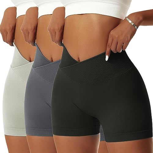 NIBESSER Damen Gym Shorts V Cross Stretch Scrunch Butt Push Up Yoga ShortsNahtlose Sporthose Bauchweg Kurz Leggings Sommer Fitness Laufen（Schwarz+dunkelgrau+minzgrün L） von NIBESSER