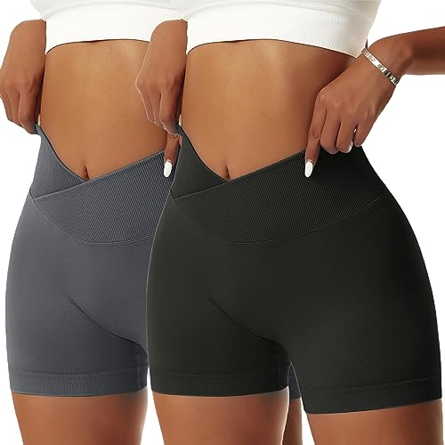 NIBESSER Damen Gym Shorts V Cross Stretch Scrunch Butt Push Up Yoga ShortsNahtlose Sporthose Bauchweg Kurz Leggings Sommer Fitness Laufen（Schwarz+dunkelgrau S） von NIBESSER