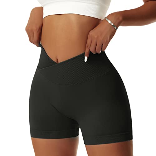 NIBESSER Damen Gym Shorts V Cross Stretch Scrunch Butt Push Up Yoga ShortsNahtlose Sporthose Bauchweg Kurz Leggings Sommer Fitness Laufen（Schwarz L） von NIBESSER