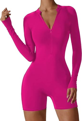 NIBESSER Damen Jumpsuit Kurz Eng Yoga Bodysuit Bodycon Langarm Trainingsanzug mit Reißverschluss Sport Einteiler Playsuits Bodycon Strampler Yoga Fitness von NIBESSER