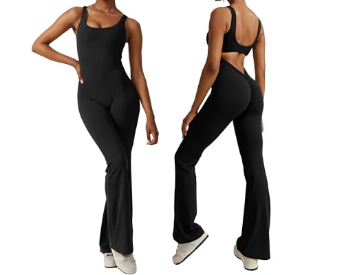 NIBESSER Damen Sport Jumpsuit Flared Eng Scrunch Butt Bodysuit Overall Stretch Langarm Bodycon Rückenfrei Einteiler Onepiece Yoga Sport Gym von NIBESSER