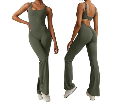 NIBESSER Damen Sport Jumpsuit Flared Eng Scrunch Butt Bodysuit Overall Stretch Langarm Bodycon Rückenfrei Einteiler Onepiece Yoga Sport Gym von NIBESSER