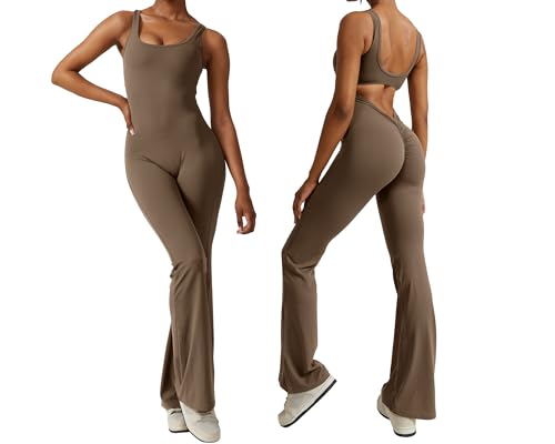 NIBESSER Damen Sport Jumpsuit Flared Eng Scrunch Butt Bodysuit Overall Stretch Langarm Bodycon Rückenfrei Einteiler Onepiece Yoga Sport Gym von NIBESSER