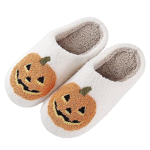 NIBESSER Halloween Kürbis Hausschuhe Damen Plüsch Winter Weihnachtsschuhe Flauschige Pantoletten Warme Kuschelige Schlappen Rutschfeste Schuhe Für Frauen und Männer Bequeme Slippers von NIBESSER