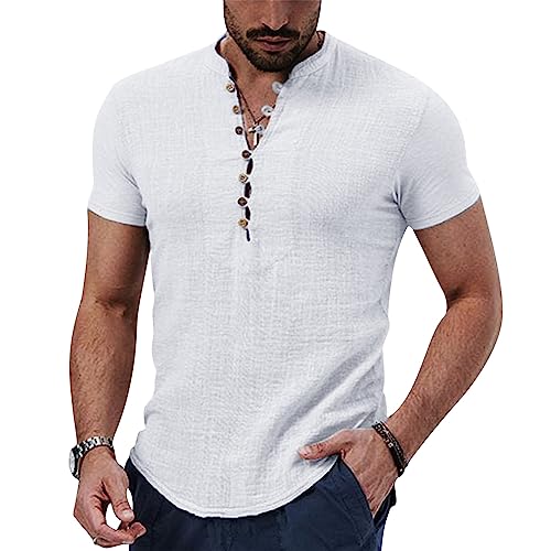NIBESSER Herren Hemd mit V-Ausschnitt Kurzarm Baumwolle Leinenhemd mit Knöpfe Freizeithemden für Herren Casual Regular Fit Sommerhemd（Weiß XXL） von NIBESSER