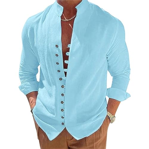 NIBESSER Herren Langarm Leinenhemd Herren Elegant Sommer Casual Coreana Hemd mit Atmungsaktiv Fest Farbe Knöpfe für Meer Strand Urlaub, Hellblau, L von NIBESSER