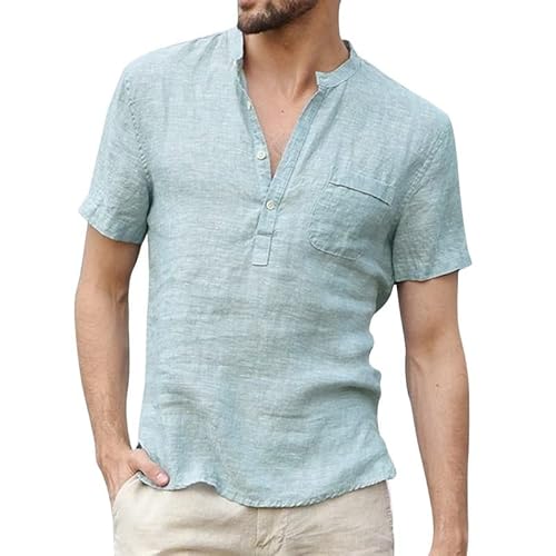 NIBESSER Leinenhemd Herren Kurzarm Henley Sommerhemd Leinen Freizeithemd Kurzarmhemd Business männer Stehkragen Casual Baumwolle Strandhemd Regular Fit Men Shirts von NIBESSER