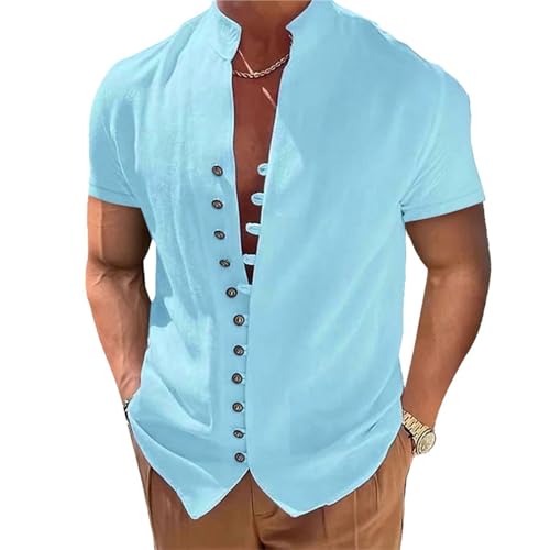 NIBESSER Leinenhemd Herren Kurzarm Sommer Freizeithemd Casual Leinen Bluse Stehkragen Hemd Baumwolle Langarmhemd Cardigan Sommerhemd Strand Henley Shirt von NIBESSER