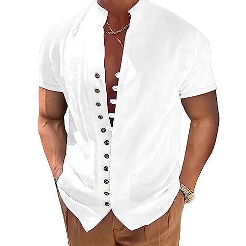 NIBESSER Leinenhemd Herren Kurzarm Sommer Freizeithemd Casual Leinen Bluse Stehkragen Hemd Baumwolle Langarmhemd Cardigan Sommerhemd Strand Henley Shirt von NIBESSER