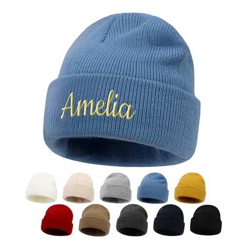NIBESSER Mütze Personalisiert Bestickte Mit Wunschtext 2er Set personalisiert Wintermütze Unisex Individuell Geschenk Mütze selbst gestalten Familie von NIBESSER