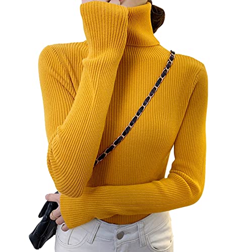 NIBESSER Rollkragenpullover Damen Basic Elastisch Sweater Weich Gerippt Strickpulli Warm Langarmshirt Casual Sweater Pulli Slim Fit Langarm Strickpullover Herbst Winter Gelb von NIBESSER