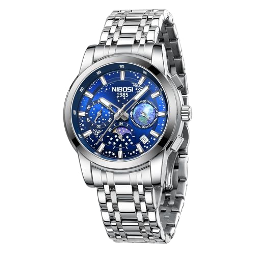 NIBOSI Uhren Herren Chronograph Edelstahl Analog Quarz Business Mode Lässig Herrenuhr (Silber Blau) von NIBOSI