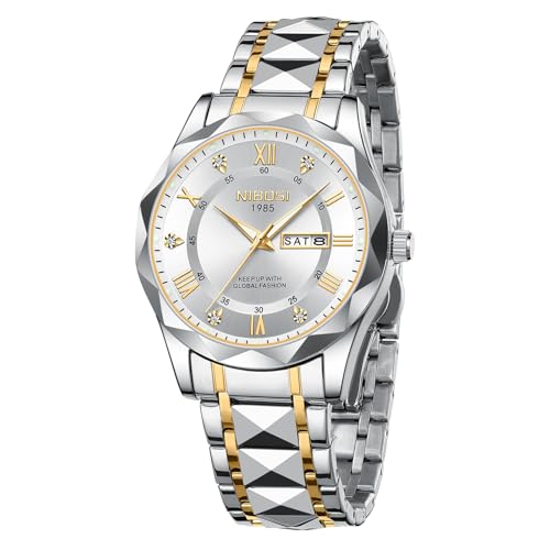 NIBOSI Armbanduhr Herren Uhren Analog Quarz Edelstahl Wasserdicht Armbanduhr Herren Business Casual Designer Uhr für Männer (Gold White) von NIBOSI