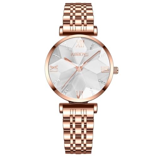 NIBOSI Damen Armbanduhr Analog Quarz Elegant Mit Edelstahl Rosegold Uhren Wasserdicht Vintage (Weiß) von NIBOSI