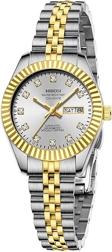 NIBOSI Damen Uhren Analog Quarz Edelstahl Zifferblatt mit Tag Datum Leuchtend Wasserdicht Zierlich Klassisch Luxus Diamant Elegantes Kleid Damenuhr für kleine Handgelenke von NIBOSI