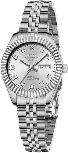 NIBOSI Damen Uhren Analog Quarz Edelstahl Zifferblatt mit Tag Datum Leuchtend Wasserdicht Zierlich Klassisch Luxus Diamant Elegantes Kleid Damenuhr für kleine Handgelenke von NIBOSI