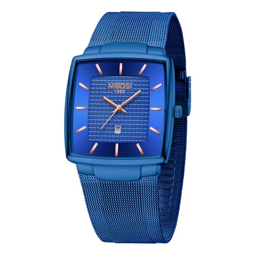 NIBOSI Herren Armbanduhr Herrenuhren luxuriös militärisch wasserdicht Quarz analog quadratisch Armbanduhr für Männer mit Edelstahl Mesh Armband Datumskalender,Blau von NIBOSI
