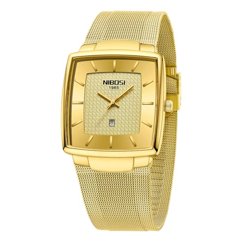 NIBOSI Herren Armbanduhr Herrenuhren luxuriös militärisch wasserdicht Quarz analog quadratisch Armbanduhr für Männer mit Edelstahl Mesh Armband Datumskalender,Gold von NIBOSI