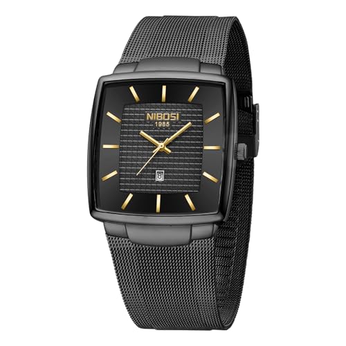 NIBOSI Herren Armbanduhr Herrenuhren luxuriös militärisch wasserdicht Quarz analog quadratisch Armbanduhr für Männer mit Edelstahl Mesh Armband Datumskalender,Schwarzes von NIBOSI