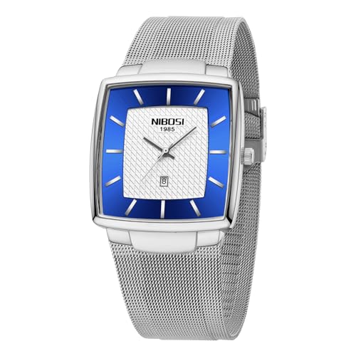 NIBOSI Herren Armbanduhr Herrenuhren luxuriös militärisch wasserdicht Quarz analog quadratisch Armbanduhr für Männer mit Edelstahl Mesh Armband Datumskalender,Silberblau von NIBOSI