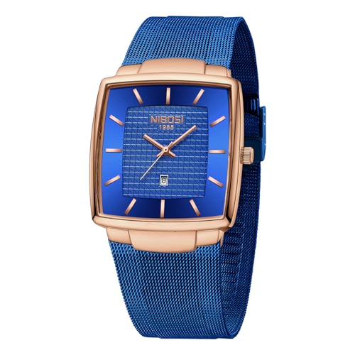 NIBOSI Herren Armbanduhr Herrenuhren luxuriös wasserdicht Quarz analog quadratisch Armbanduhr für Männer mit Edelstahl Mesh Armband Datumskalender,Blaurosa von NIBOSI