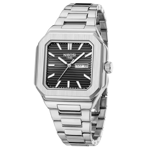 NIBOSI Herren Armbanduhr Uhren Herren Analog Quarz Edelstahl Militäruhren für Männer quadratisch Wasserdicht Business Klassisch Designer Armbanduhr Datum (Silver Black) von NIBOSI