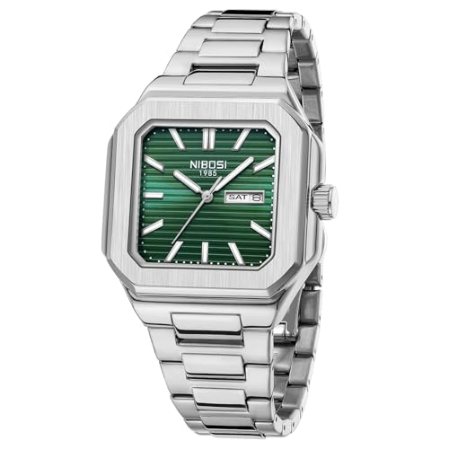 NIBOSI Herren Armbanduhr Uhren Herren Analog Quarz Edelstahl Militäruhren für Männer quadratisch Wasserdicht Business Klassisch Designer Armbanduhr Datum (Silver Green) von NIBOSI