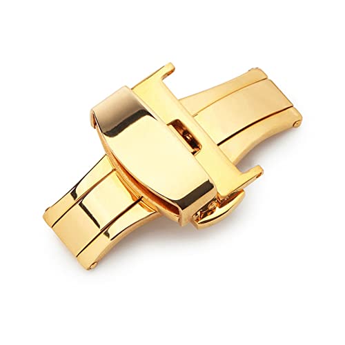 NIBOTT T02 Automatisches Doppelklick-Schmetterlingsschnalle-Uhr-Push-Tasten-Falten-Bereitstellungs-Verschluss Silber-Armbanduhr-Klammer 12-24mm (Color : Gold, Size : 12mm) von NIBOTT