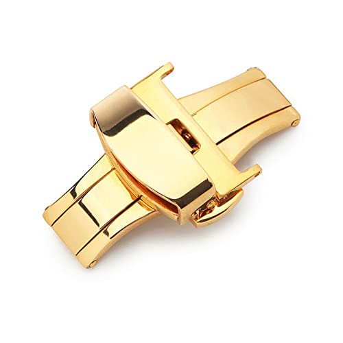 NIBOTT T02 Automatisches Doppelklick-Schmetterlingsschnalle-Uhr-Push-Tasten-Falten-Bereitstellungs-Verschluss Silber-Armbanduhr-Klammer 12-24mm (Color : Gold, Size : 20mm) von NIBOTT