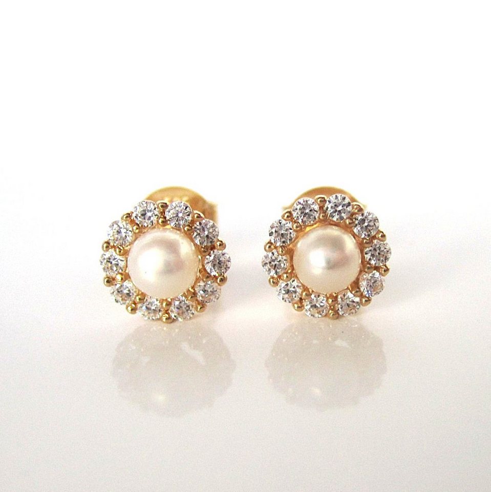 NICEANDnoble Paar Ohrstecker 585er Gelbgold Ohrstecker Süßwasserperle Zirkonia von NICEANDnoble