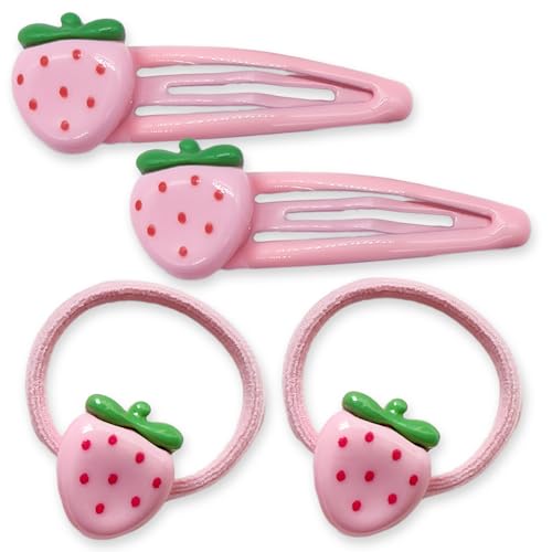 NICECONE Erdbeer-Haarspangen und Haargummis, 2 Metall-Haarspangen und 2 elastische Haarbänder, süße Obst-Haarspangen für Mädchen, Teenager, Kinder, Kleinkinder, niedliches Haar-Accessoire, Geschenk von NICECONE