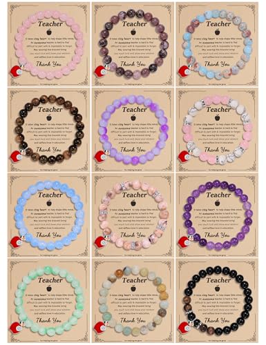 NICEIGHT 12 Stück Lehrer-Wertschätzungsarmbänder für Damen und Herren, Natursteinperlen, Lehrer-Armbänder, Geschenke, Apfel-Anhänger, Stretch-Armbänder mit Geschenknachricht, Karte, Dankeschön NICEIGHT 12 Stück Lehrer-Wertschätzungsarmbänder für Damen und Herren, Natursteinperlen, Lehrer-Armbänder, Geschenke, Apfel-Anhänger, Stretch-Armbänder mit Geschenknachricht, Karte, Dankeschön von NICEIGHT