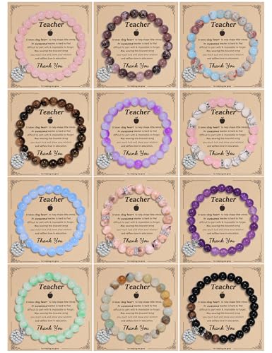 NICEIGHT 12 Stück Lehrer-Wertschätzungsarmbänder für Damen und Herren, Natursteinperlen, Lehrer-Armbänder, Geschenke, Apfel-Anhänger, Stretch-Armbänder mit Geschenknachricht, Karte, Dankeschön NICEIGHT 12 Stück Lehrer-Wertschätzungsarmbänder für Damen und Herren, Natursteinperlen, Lehrer-Armbänder, Geschenke, Apfel-Anhänger, Stretch-Armbänder mit Geschenknachricht, Karte, Dankeschön von NICEIGHT