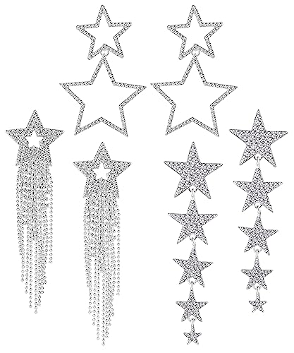 NICEIGHT 3 Paar Stern-Ohrringe für Frauen Strass Big Star baumelnde Ohrringe Quaste Stern Tropfen Ohrringe Kristall Ohrringe Schmuck, Metall, Zirkonia, Metall, Zirkonia von NICEIGHT