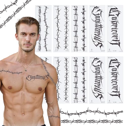 NICENEEDED 10 Stück Halloween Tattoo Aufkleber Für Das Gesicht Stacheldraht Temporäre Dekoration Große Stacheldraht Make Up Requisiten Party Geschenkset Mit Make Up Set von NICENEEDED