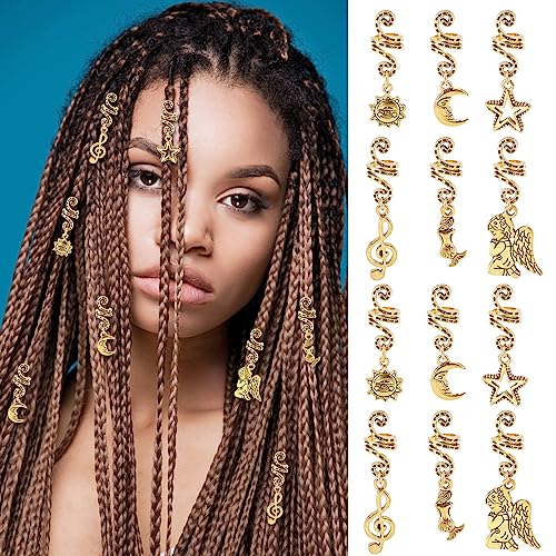 NICENEEDED 12 Stück Haarschmuck Für Zöpfe, Gold Loc Dreadlock Ring Clips African Sun Star Haarschmuck Accessoires, Metall-Mond-Anhänger-Clips von NICENEEDED