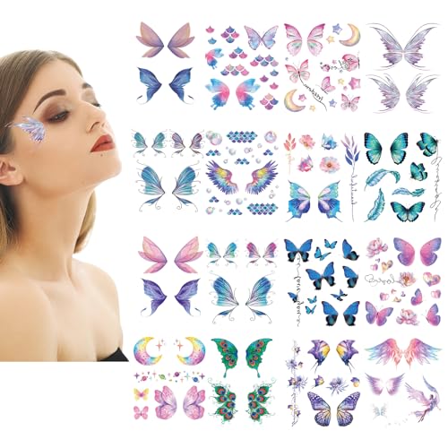 NICENEEDED 16 Blatt Temporäre Tattoo-Aufkleber Mit Schmetterlingen, Flash Fairy Wings Augen-Gesichts-Make-Up-Aufkleber, Glänzende, Wasserfeste Körperkosmetik-Aufkleber Für Frauen Und Mädchen von NICENEEDED