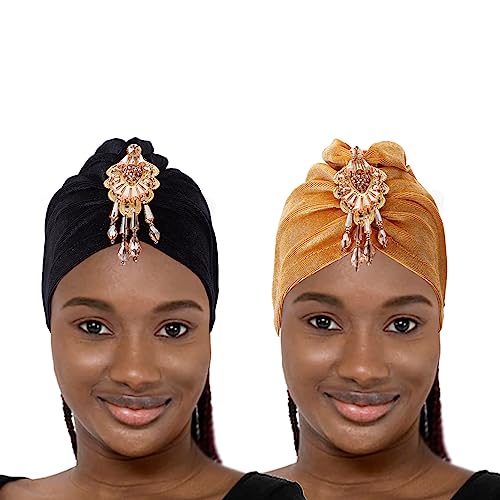 NICENEEDED 2 Stück Afrikanischer Turban Mit Quasten, Wickel-Kopfbedeckung, Kristalltropfen-Haarwickelkappen, Beanie-Mützen, Kopfbedeckungen, Twist-Kopftuch Aus Stretch-Samtstrick von NICENEEDED