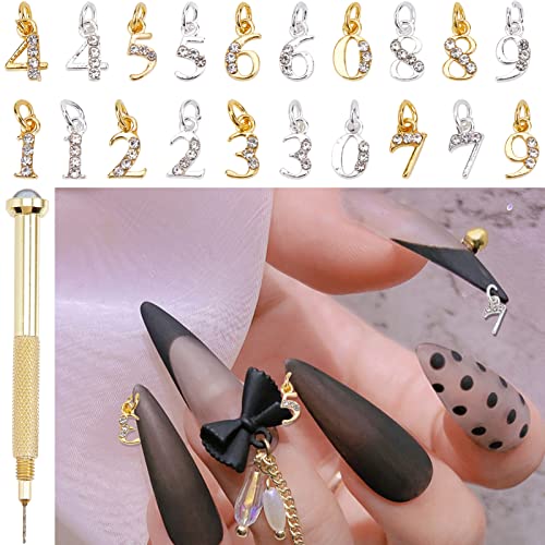 NICENEEDED 20PCS Nummer 0-9 Nagelpiercing Anhänger, Legierung Strass Charms Mit Nagelpiercing Tool, Digital Nail Art Dangle Fingerspitzendekorationen Für Frauen Mädchen von NICENEEDED