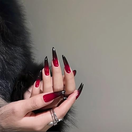 NICENEEDED 24 Stück Halloween Nägel Zum Aufdrücken Rot Schwarze Künstliche Nägel Mit Farbverlauf Acrylnägel Zum Aufkleben Für Frauen Maniküre Dekor von NICENEEDED