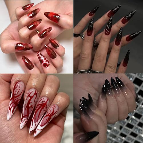 NICENEEDED 24 Stück Halloween Press On Nägel French Tip Nails Set Mit Blutroten Designs Schwarz Rote Gothic Kunstnägel Für Frauen Maniküre Kunst von NICENEEDED