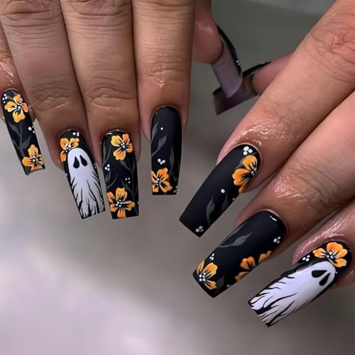 NICENEEDED 24 Stück Halloween Press On Nägel Ghost Square Künstliche Nägel Falsche Nägel Sarg Gefälschte Nägel Vollständige Abdeckung Zum Aufkleben Der Nägel Für Frauen Maniküre DIY von NICENEEDED