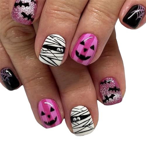 NICENEEDED 24 Stück Halloween Press On Nägel Lila Kurze Quadratische Künstliche Nägel Mit Mumien Fledermaus Spinnen Designs Vollflächiger Kleber Auf Den Nägeln Für Die Manikürekunst von Frauen von NICENEEDED