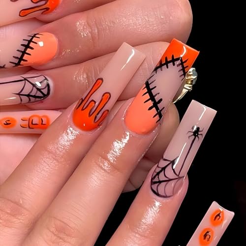 NICENEEDED 24 Stück Halloween Press On Nägel Quadratische Künstliche Nägel Spinnennetz Falschnägel Sarg Gefälschte Nägel Vollständige Abdeckung Zum Aufkleben Der Nägel Für Frauen Maniküre DIY von NICENEEDED