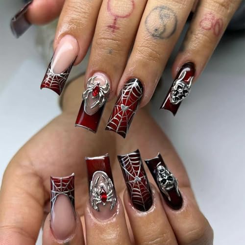 NICENEEDED 24 Stück Halloween Press On Nägel Quadratischer Kurzer Künstlicher Nagel Mit Spinnennetz Design Schwarz Rot Farbverlauf Volle Abdeckung Künstliche Nägel Für Frauen Maniküre Kunst von NICENEEDED