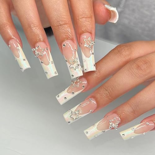 NICENEEDED 24 Stück Lange, Quadratische, Sternförmige Strass-Nägel Zum Aufdrücken, Weiße Nagelspitze Mit Vollständiger Abdeckung Zum Aufkleben Auf Künstliche Nägel Für Frauen Und Mädchen Halloween von NICENEEDED