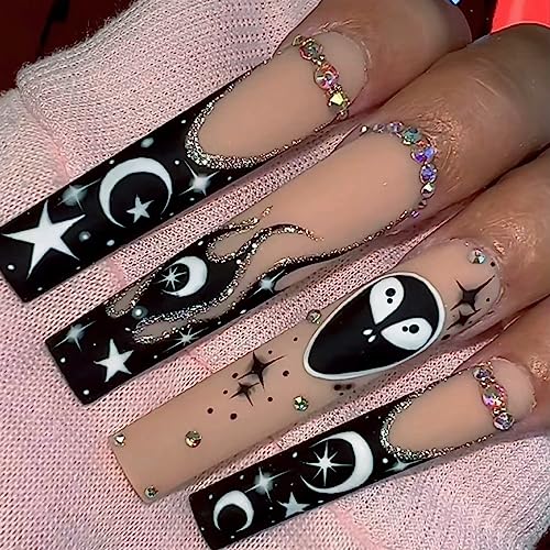 NICENEEDED 24 Stück Schwarz-Weiße Kunstnägel Mit Sternen Und Mond, Französisches Trapezförmiges Flammendesign Zum Aufdrücken von Nägeln, Luxuriöse Rhinestones Full Cover Nails Für Frauen von NICENEEDED