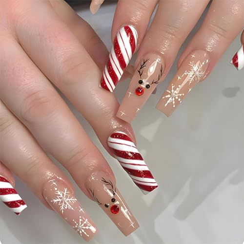 NICENEEDED 24 Stück Weihnachts Press On Nägel Kurze Quadratische Kunstnägel Mit Schneeflocken Bonbon Design Winterliche Weihnachts Falsche Nägel Für Frauen Maniküre Kunst von NICENEEDED