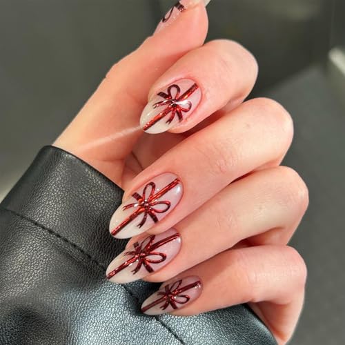 NICENEEDED 24 Stück Weihnachts Press On Nägel Kurzer Mandelförmiger Kunstnagel Mit Glänzendem Schleifendesign Selbstklebende Vollständig Abdeckende Nagelsticker Für Frauen Maniküre Kunst von NICENEEDED